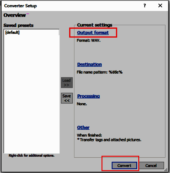 输出格式设置页面，output format区域展开，显示多种音频编码选项