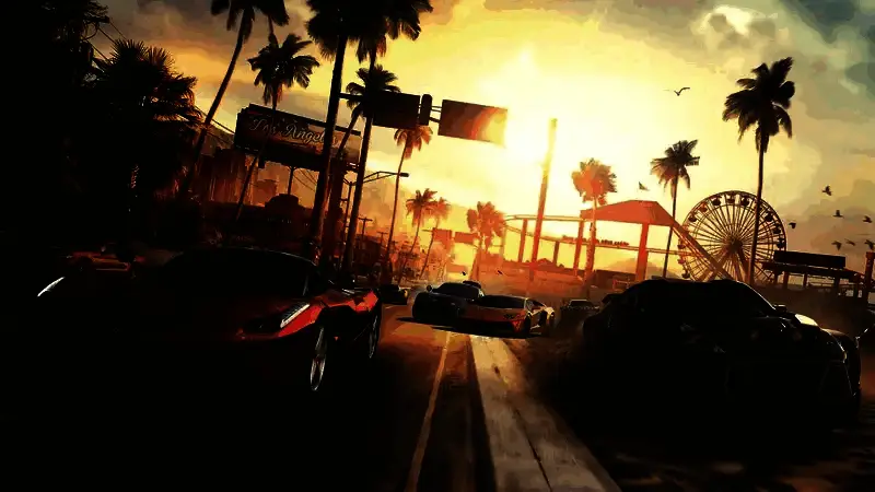 《飙酷车神》游戏画面，车辆在城市高速公路上飞驰，背景为夜晚霓虹灯闪烁的城市景观