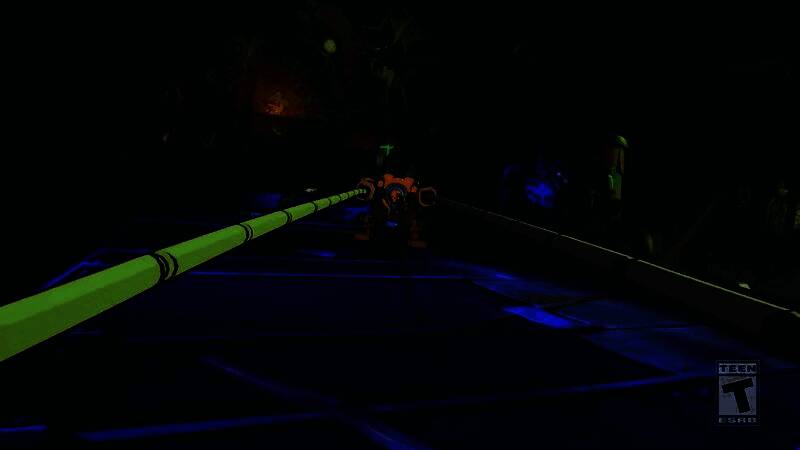 布里茨在《2XKO》中释放钩拳技能，机械手臂高速飞出，场景充满未来科技感