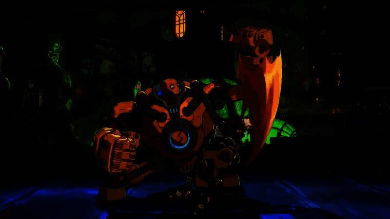 角色特写镜头展示布里茨精细的机械构造与发光眼部特效