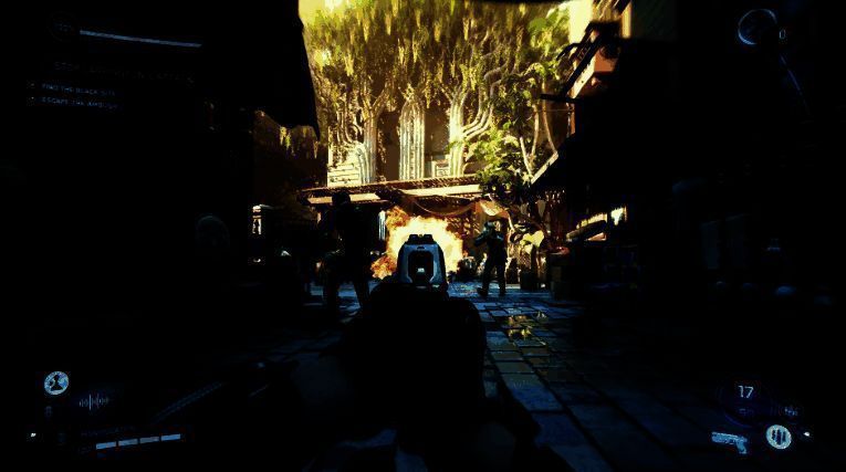 《完美黑暗》游戏概念图，展示未来都市背景下的女性主角持枪潜行画面