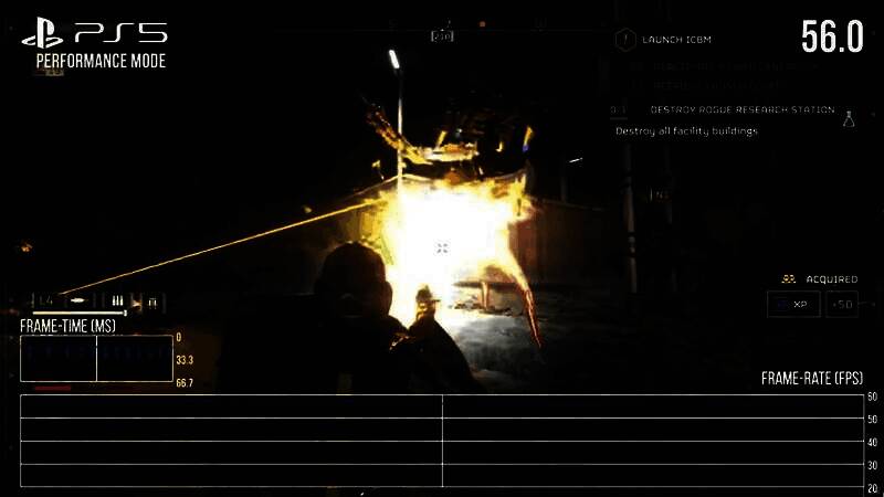 《绝地潜兵2》性能模式下Xbox与PS5帧率曲线对比，两者在1080p下均接近60帧