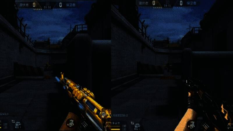 两名玩家在地图中对战，一人使用AK47-末日审判开火击中对手