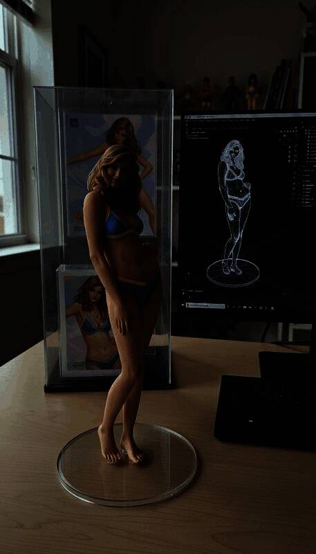 一位红发女明星的手办特写，身穿发光长裙，脚踩机械高跟，眼神坚定地望向前方