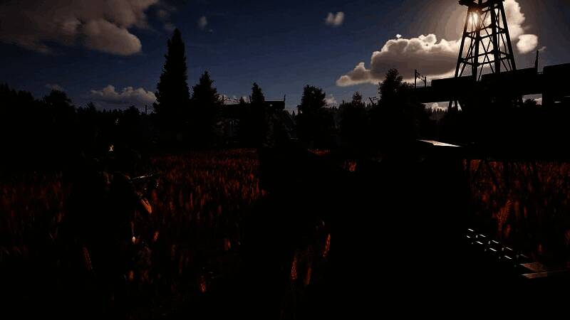 游戏内狙击手在高点架枪，远处城市轮廓在夕阳下若隐若现