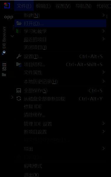 IntelliJ IDEA菜单栏展示，鼠标指向文件下的打开选项，界面清晰显示操作路径