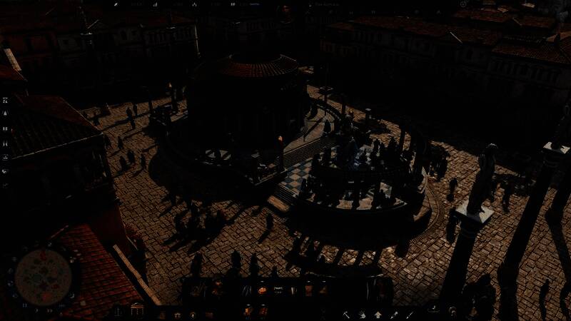 游戏中罗马风格城市初建场景，民居与道路有序排列，远处可见神庙轮廓