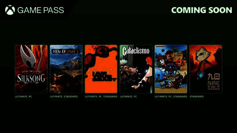 Xbox Game Pass 9月上旬新增游戏宣传图，画面中包含《空洞骑士：丝之歌》《灾后修复师》《Nine Sols》等游戏LOGO拼贴展示