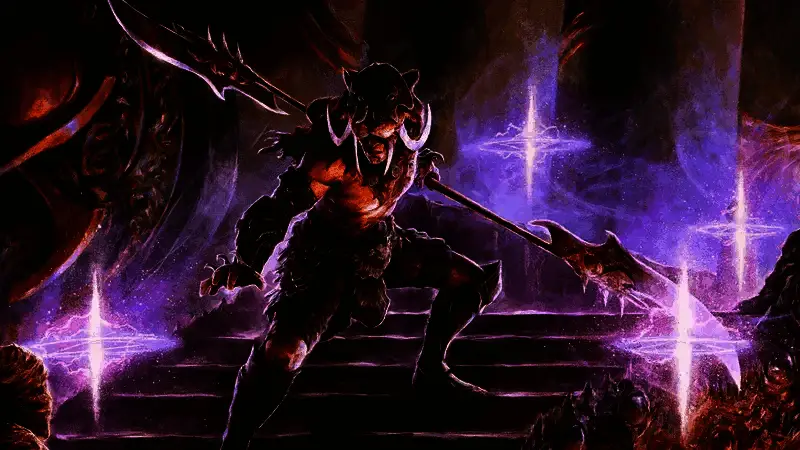 概念艺术风格的融合图：艾欧泽亚城市被烈焰与恶魔包围，天空裂开通往燃烧地狱的入口