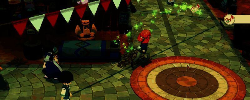 游戏内集市交易场景，摊位上摆满红宝石饰品与年糕等商品，角色正在与NPC顾客交谈