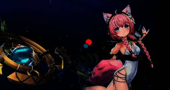 角色璐璐卡立绘，兽人族少女手持法杖，蓝色水元素环绕，神情专注施法