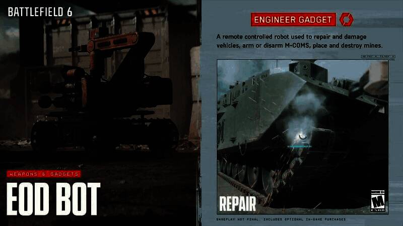 EOD BOT机器人正在靠近一辆受损坦克进行远程维修，周围战火纷飞