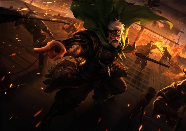 【谋黄盖】史诗皮肤展示图，身披战甲，手持火把，背景为赤壁水战