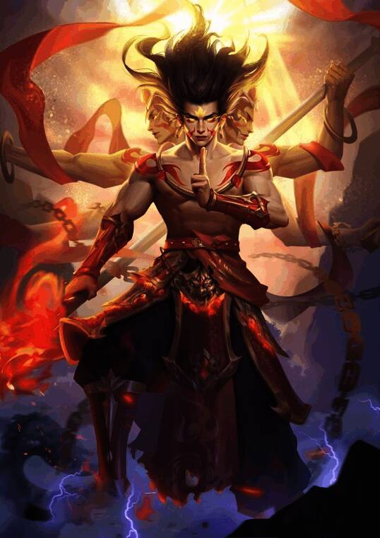 斗地主人气共创武将【哪吒】返场宣传图，脚踏风火轮，手持乾坤圈