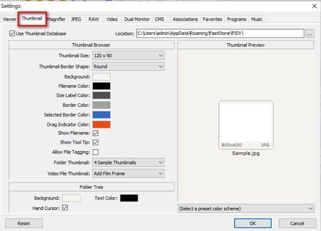 设置窗口中thumbnail选项卡的详细展示