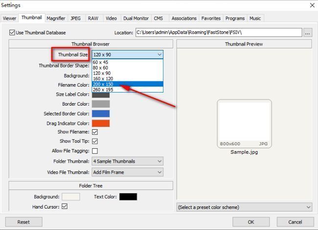 thumbnail size选项的具体位置及下拉菜单展示