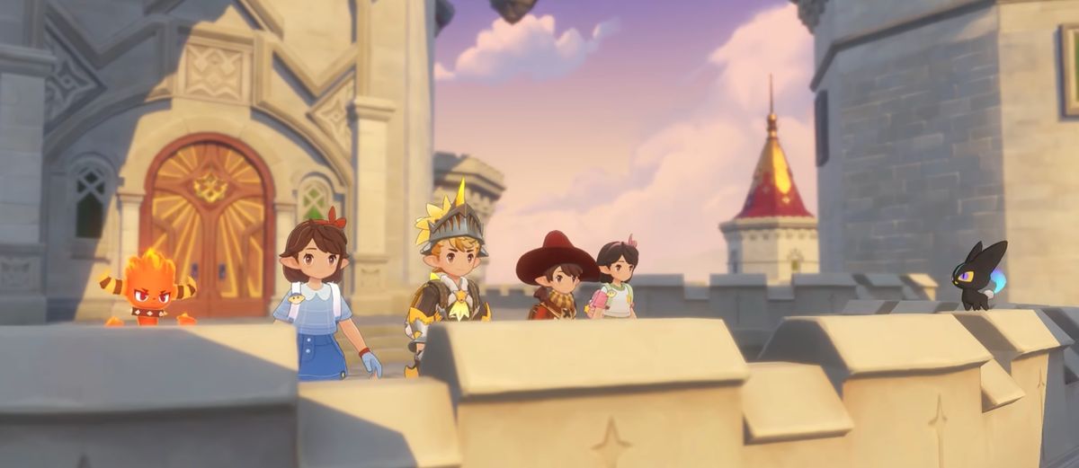 王国城堡主城场景，翼系精灵王现身，小洛克骑乘扫帚飞行