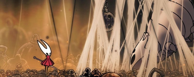 《空洞骑士：丝之歌》中玩家角色在探索神秘洞穴，手持工具袋，周围布满机关与敌人