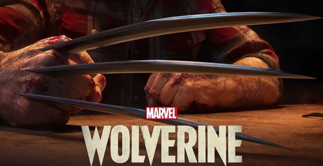 《漫威金刚狼》游戏概念图，展示金刚狼挥舞利爪、背景为高科技城市环境