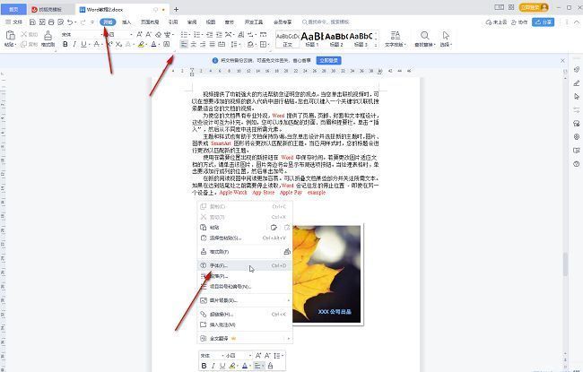 WPS字体设置入口界面，界面清晰展示字体选项按钮