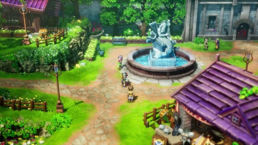 游戏城镇场景，NPC与建筑呈现出细腻的HD-2D美术风格