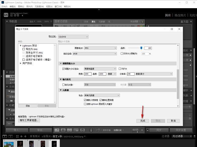 导出完成界面，显示导出进度条和完成按钮