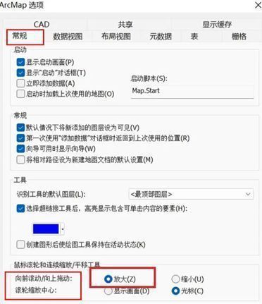ArcGIS设置界面常规选项卡，展示滚轮放大选项的勾选状态