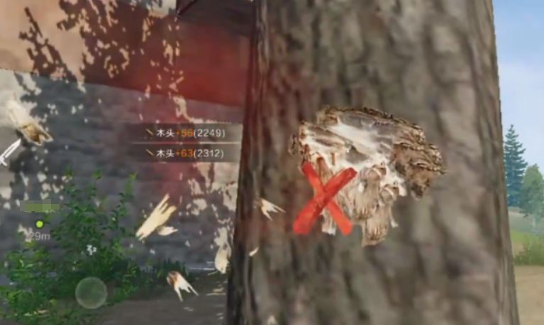 玩家在森林中采集木材，周围植被稀疏，显示开发过度的警示