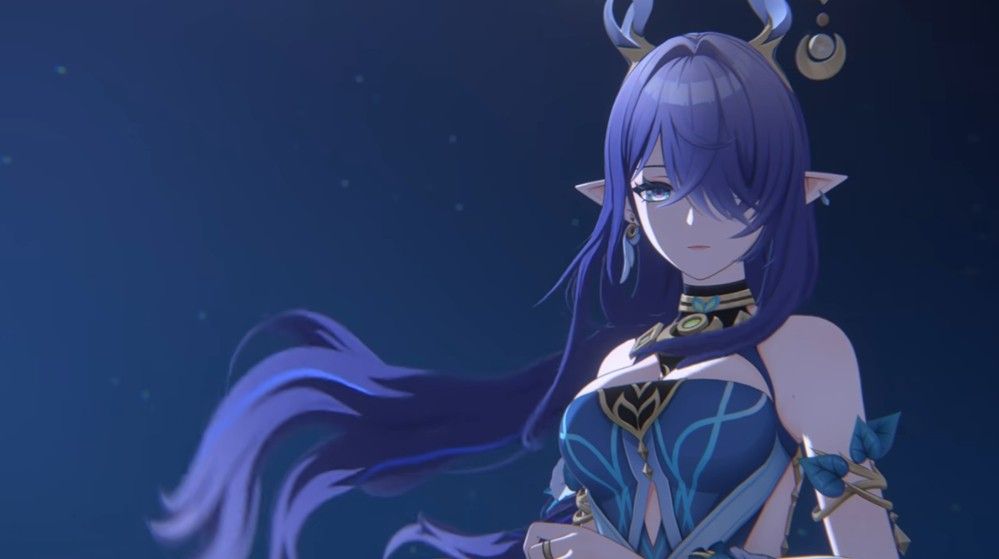 原神角色菈乌玛立绘，身着白色长袍，手持月光法器，背景为森林与月光交织的场景