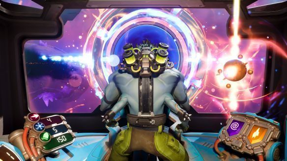 四名玩家在飞船内部操作武器，各自分工明确，战斗紧张进行中