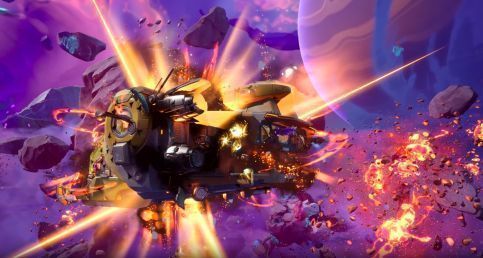 太空战场中飞船与角色穿插战斗，场景混乱而富有张力