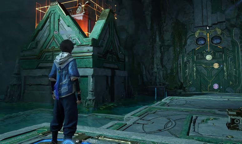 燃山回响奇境地图中机关装置特写，机关闪烁着神秘光芒，周围环境充满未知感