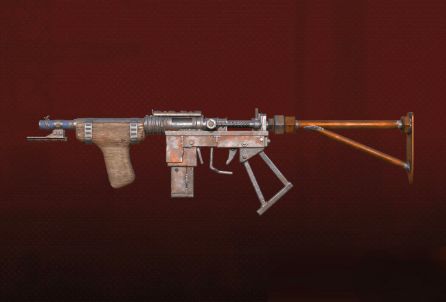 废料冲锋枪特写图，展示其粗糙但实用的外观设计