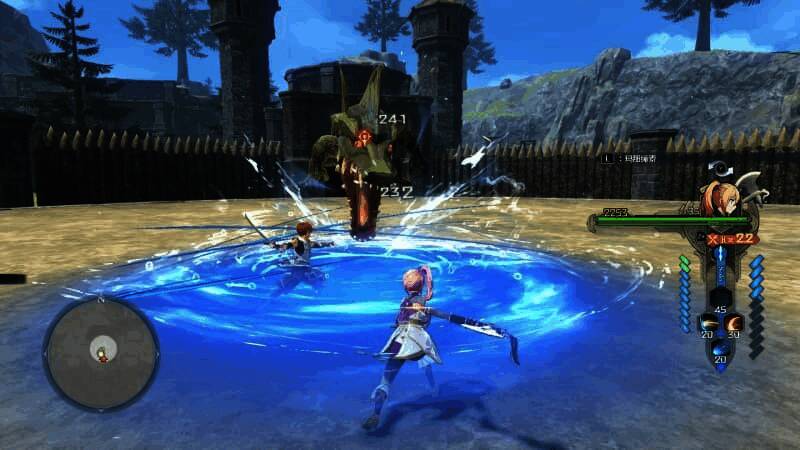 《伊苏X -诺曼荣光-》战斗场景截图，展示双人协同攻击特效