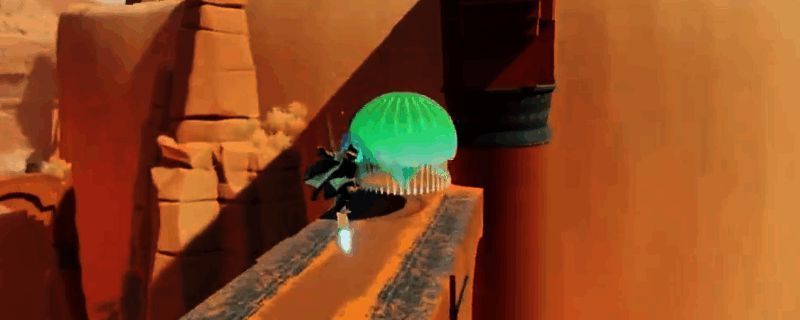 《海之剑》中玩家操控角色使用水母跳跃，试图抵达高处的门