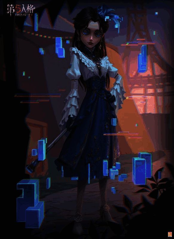 古董商音核裂响身着维多利亚风格长裙，手持蓝宝石手杖优雅站立