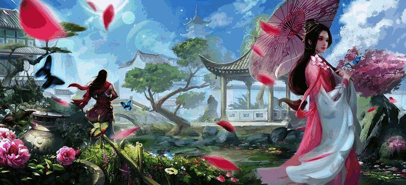 月河行舟浪漫场景，两位角色并肩泛舟，江面波光粼粼，灯笼点缀两岸