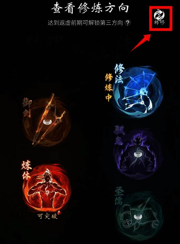 玩家达到合体前期境界后，界面中出现转修按钮，提示功能已解锁