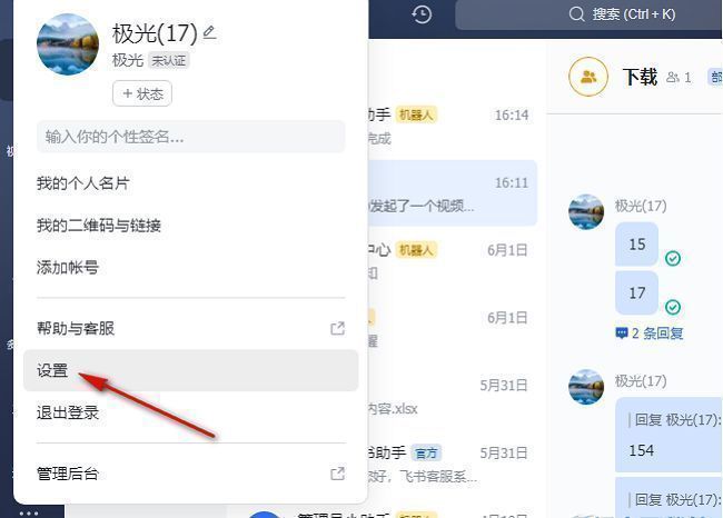 飞书设置选项菜单界面截图