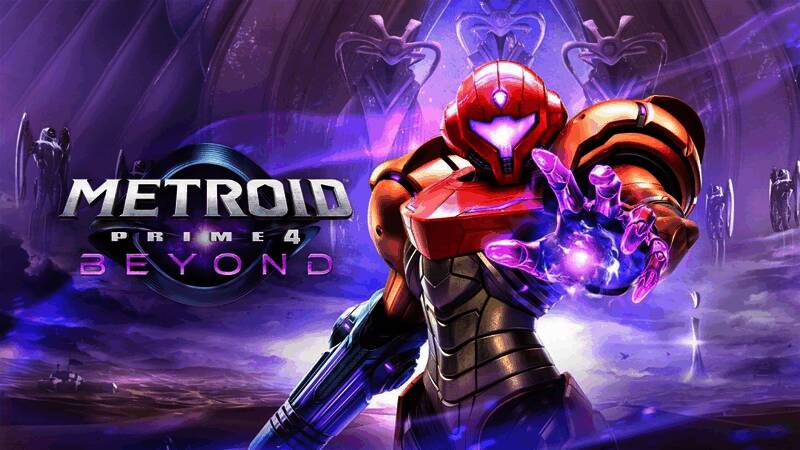 《银河战士Prime 4》游戏画面，主角手持武器在科幻环境中探索