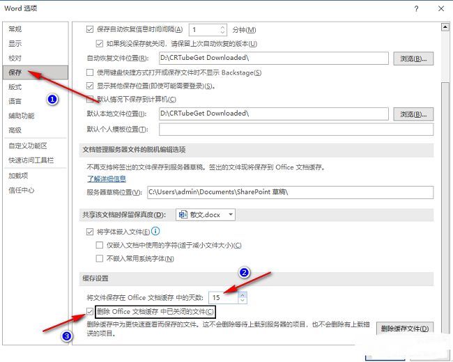 Word保存设置界面截图，展示缓存清理选项勾选状态