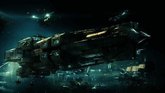 英雄舰‘艾格勒姆的未名者’在星空中闪耀登场，舰体散发着蓝色能量光芒，背景为浩瀚宇宙