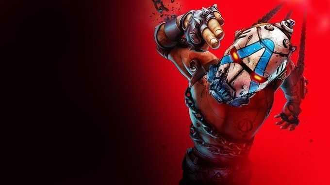 《无主之地4》游戏封面，角色手持武器，背景为科幻风格的废土世界