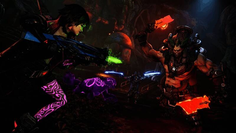 游戏宣传图，展示主角与敌人激战的场景，背景为科幻风格的荒野