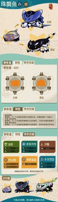 珠蟞鱼种族值与技能数据表格，清晰展示各项数值与技能效果
