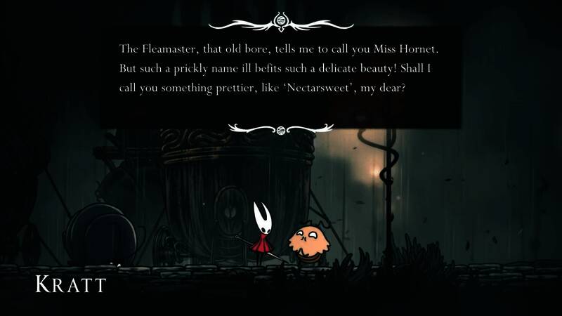 《空洞骑士：丝之歌》中克拉特偷看大黄蜂泡温泉的截图，画面中克拉特从上方探头偷窥