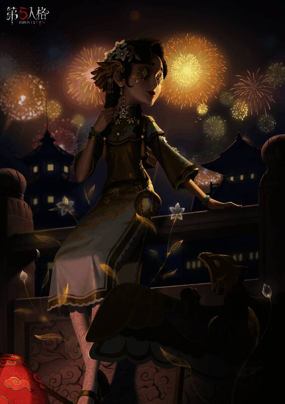 玩具商-花千树身着金色旗袍，精致发饰点缀，背景烟花璀璨