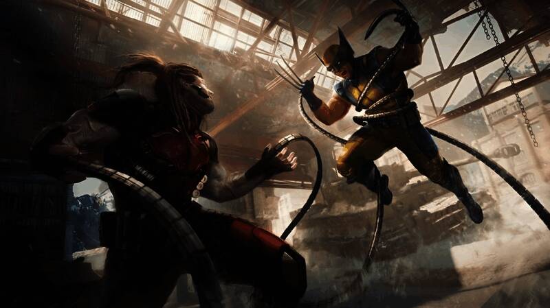 《漫威金刚狼》测试画面，展示金刚狼使用利爪与敌人激烈对战的场景