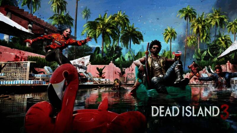 《死亡岛2》游戏画面，玩家手持武器在废墟中与丧尸对峙，气氛紧张