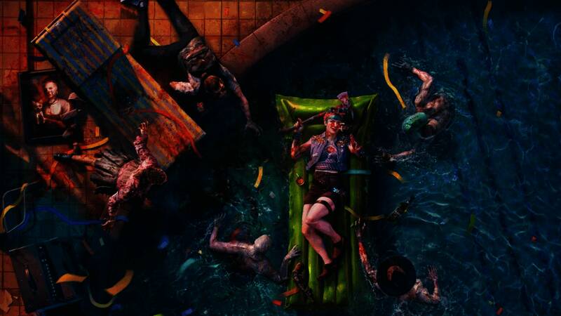 《死亡岛2》开发团队合影，背景为游戏场景概念图，墙上挂着项目时间线